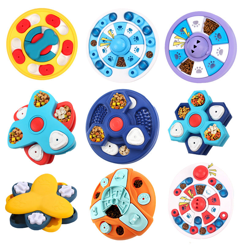 Assorted colorful dog puzzle feeder toys with treat compartments and rotating pieces