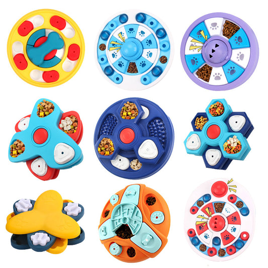 Assorted colorful dog puzzle feeder toys with treat compartments and rotating pieces