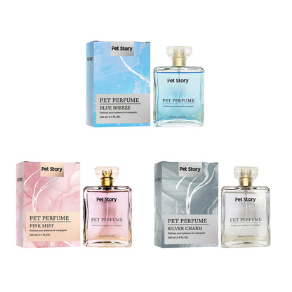 Three Pet Story pet perfume scent options showing Blue Breeze, Pink Mist, and Silver Charm bottles with boxes