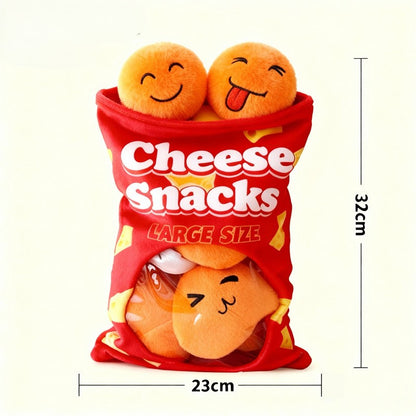 Red cheese snack bag plush puzzle dog toy measuring 23 by 32 cm