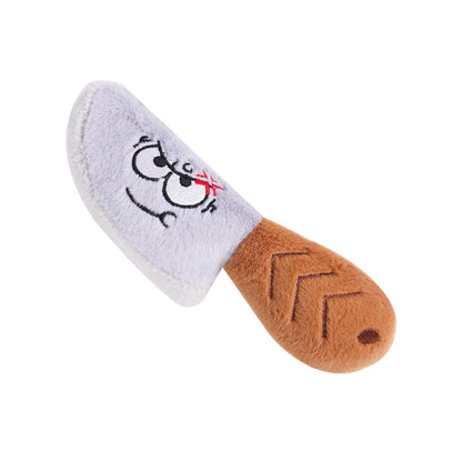 Plush knife pet toy with curved gray blade shape and brown handle