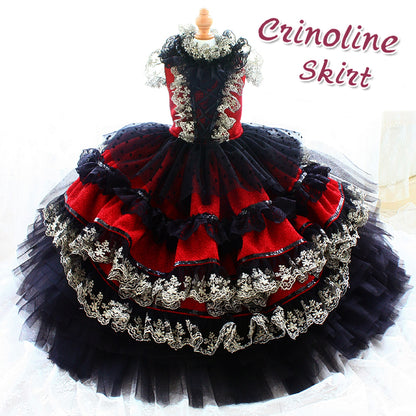 Victorian-Inspired Red and Black Lace Dog Trailing Dress Gothic Pet Gown Clinoline