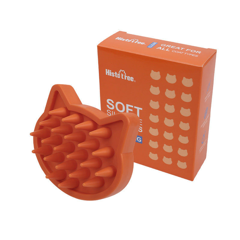 Orange cat shape silicone pet bath brush with soft bristles and orange box