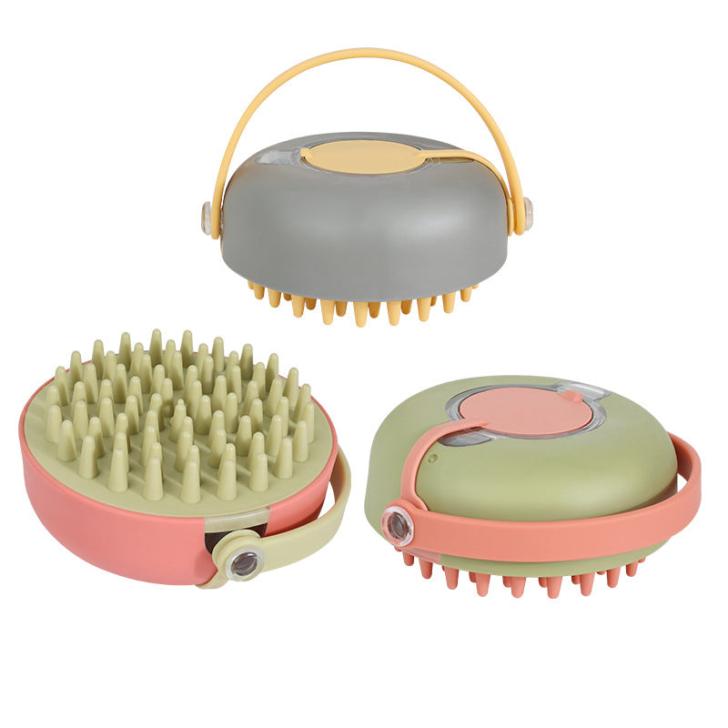 Shampoo dispensing pet bath brush in three color options with handle and silicone bristles