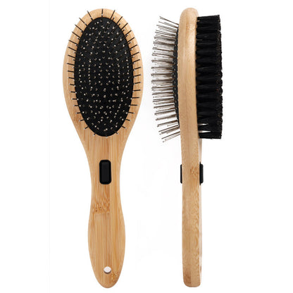 Double-sided bamboo pet grooming brush on a white background