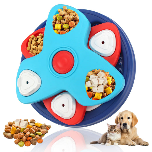 Blue red double layer dog puzzle feeder toy with treat pockets and white covers