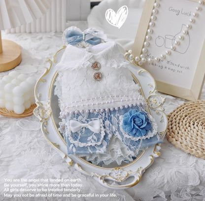 Handmade Elegant Dog Dress Blue Lace Flower Outfit