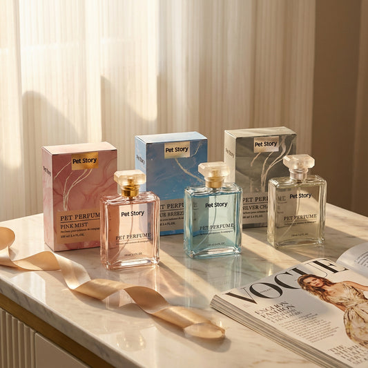 Pet Story pet perfume display with Pink Mist, Blue Breeze, and Silver Charm 100 ml glass bottles and boxes