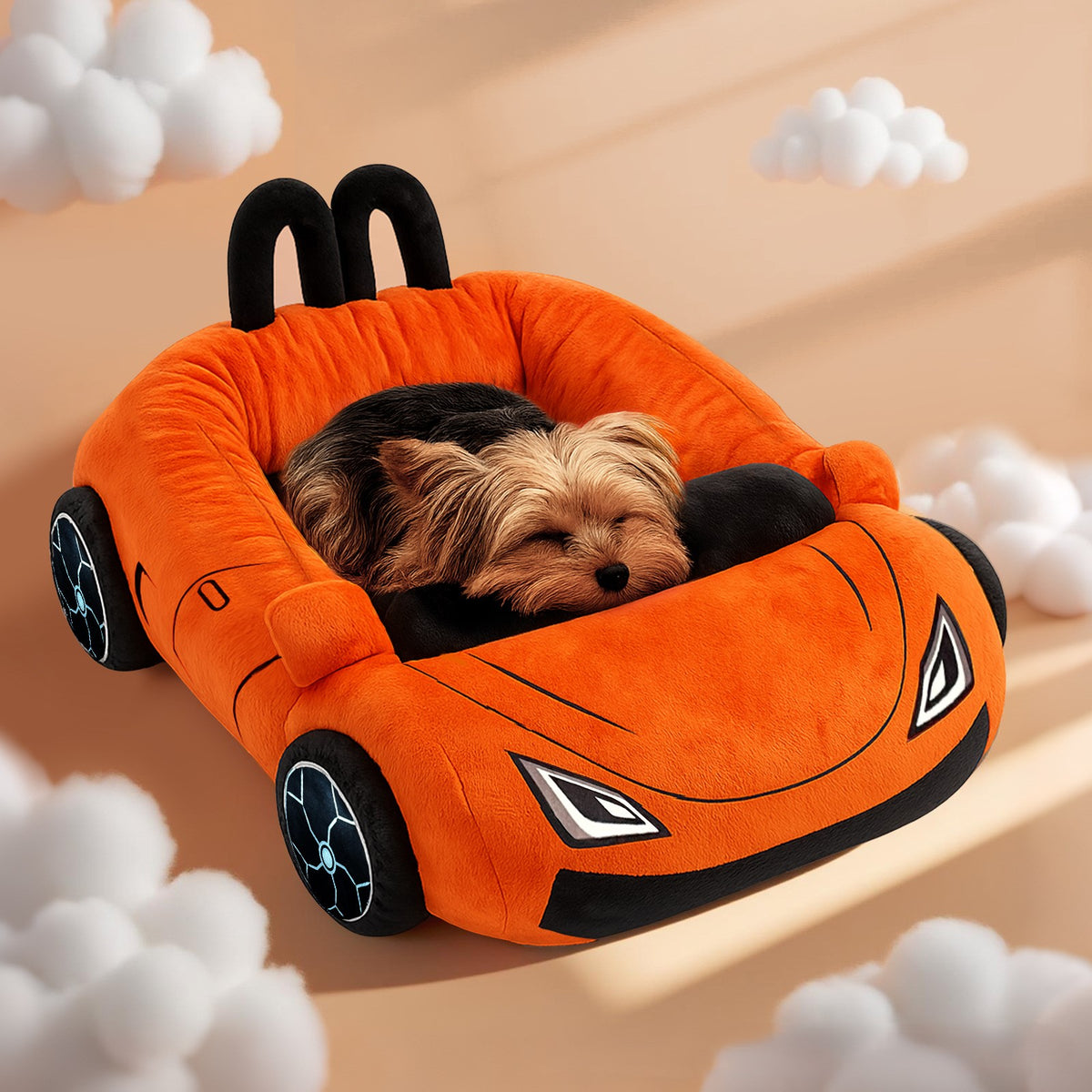 Small dog sleeping inside an orange sports car pet bed with black wheels