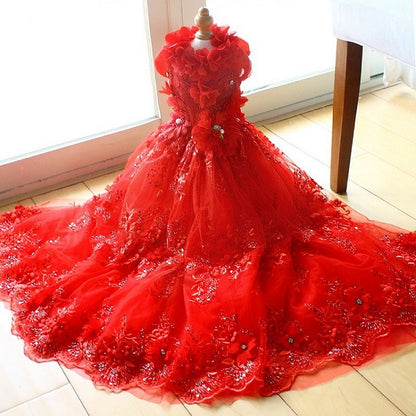 Handmade Luxury Pet Gown Red Lace Princess Dog Dress Weddings Special Occasions Photo Shoots Holiday Birthday