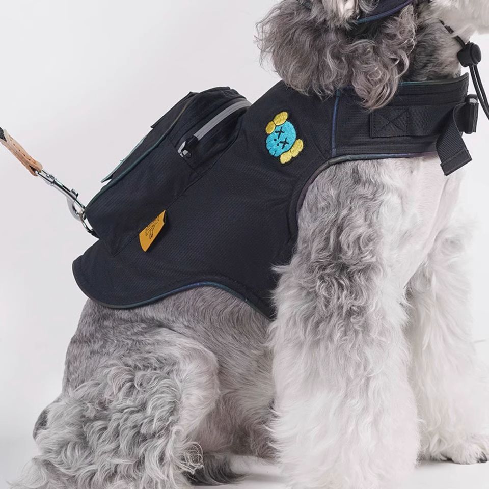 Black dog backpack harness vest with matching hat shown on a seated dog