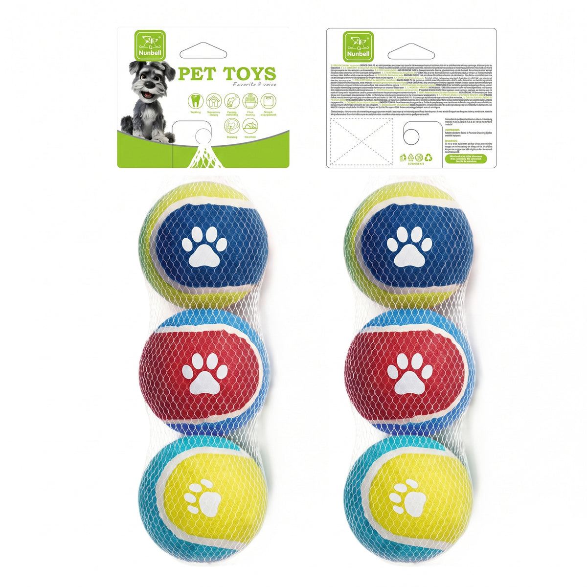 Two packaged Nunbell multicolor paw print tennis ball three-packs