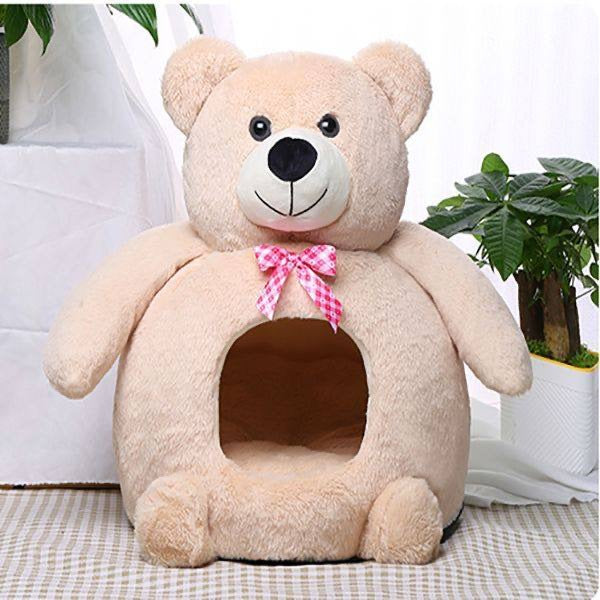 brown teddy bear pet house cozy plush bed for puppies kittens and toy breeds
