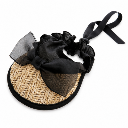 Black lace straw pet hat with bow and adjustable ribbon ties for small dogs and cats