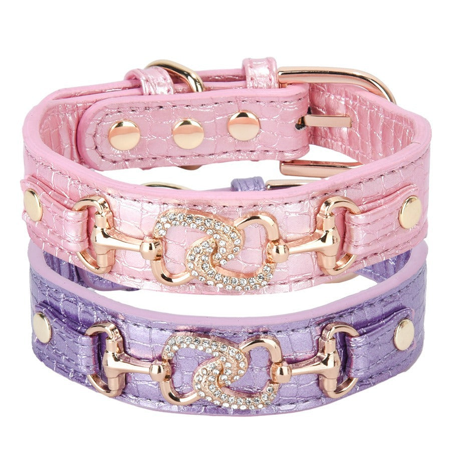 Luxury Crystal Heart Dog Collar – Pink & Purple Croc Texture