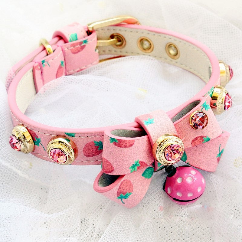 Handmade Strawberry Dog Collar Leash Sets Real Calfskin Customize