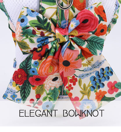Floral Bow Mesh Dog Harness Dress with Leash