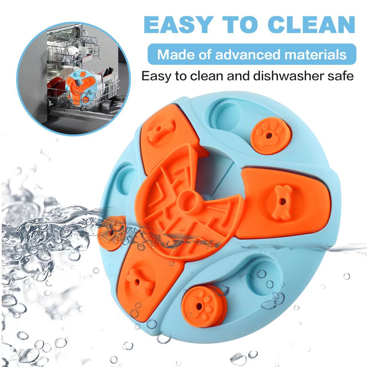 Orange and blue interactive dog puzzle feeder toy with easy clean dishwasher safe graphic