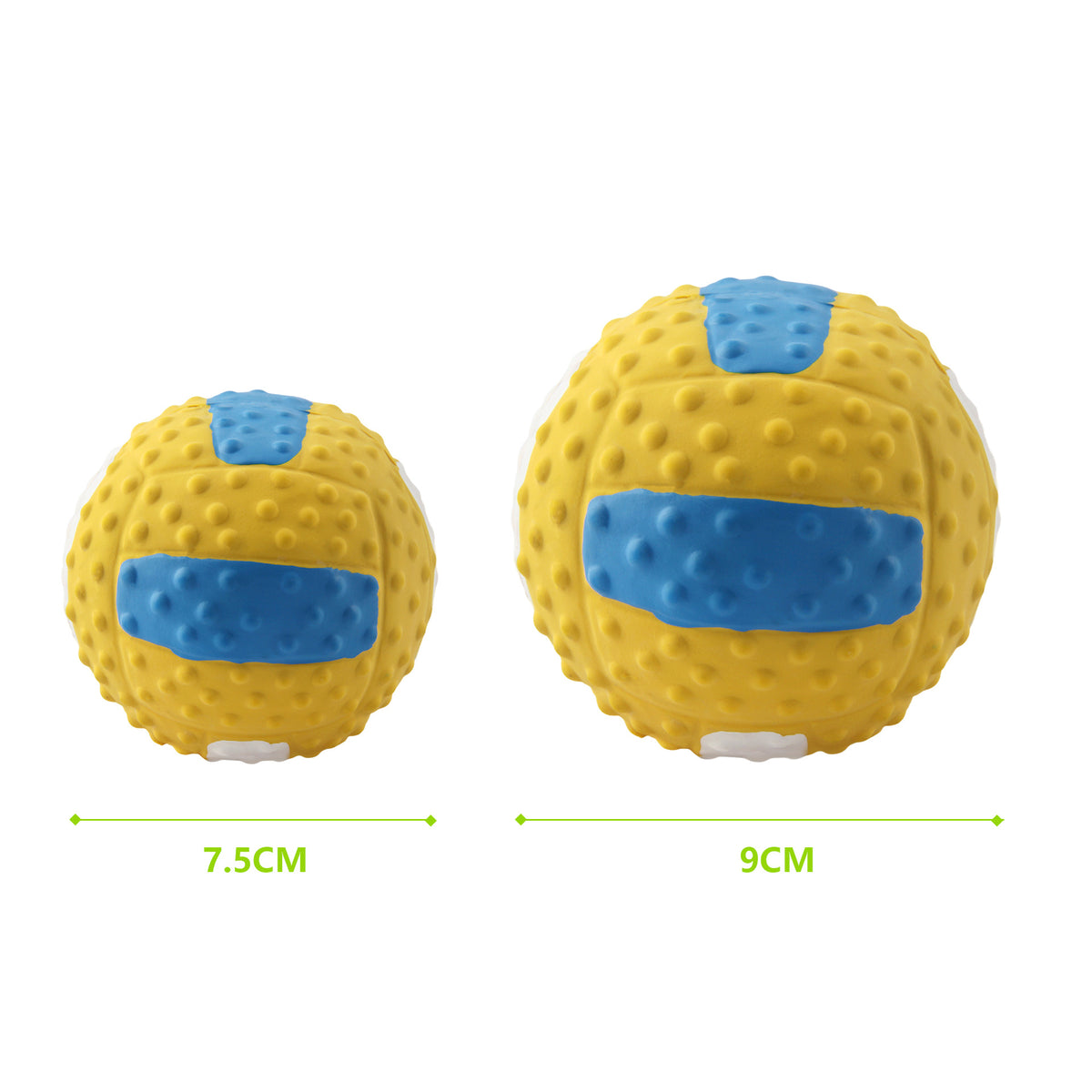 Yellow textured latex volleyball pet toy in S and L sizes