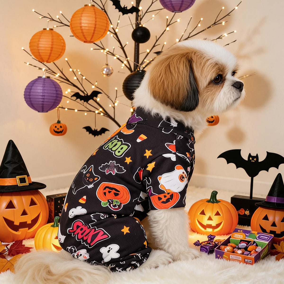 Small dog modeling black Halloween pajamas with colorful pumpkin and ghost pattern