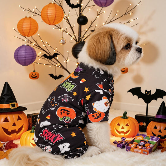 Small dog modeling black Halloween pajamas with colorful pumpkin and ghost pattern