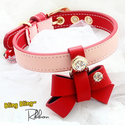 Handmade Red and Pink Bow Calf Leather Dog Collar with Rhinestone for Small Pets