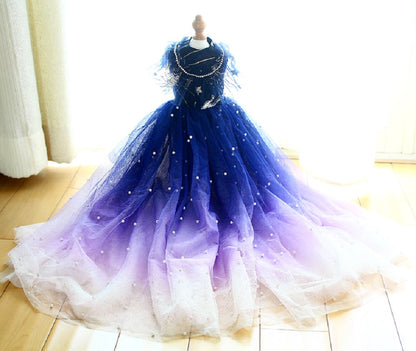 Handmade Elegant Gradient Pearl Dog Gown Luxurious Pet Princess Dress Tulle Trailing Dress