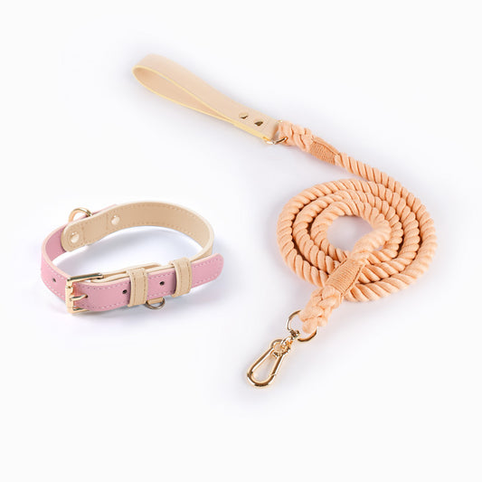 Luxury Pastel Dog Collar and Rope Leash Set – Adjustable Leather Pet Collar with Soft Cotton Lead for Small & Medium Dogs
