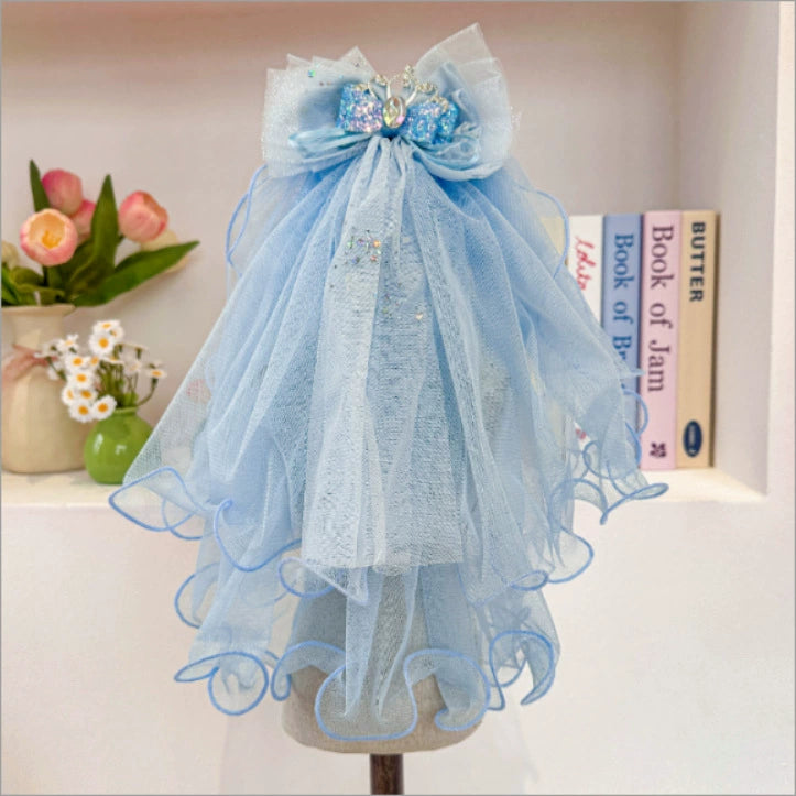 Blue layered tulle pet veil with jeweled bow