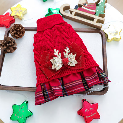 Christmas Sweater Knit Bow Dress for Dogs & Cats – Red Plaid - main product view