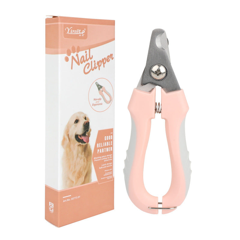 Pink pet nail clippers with matching product box on white background