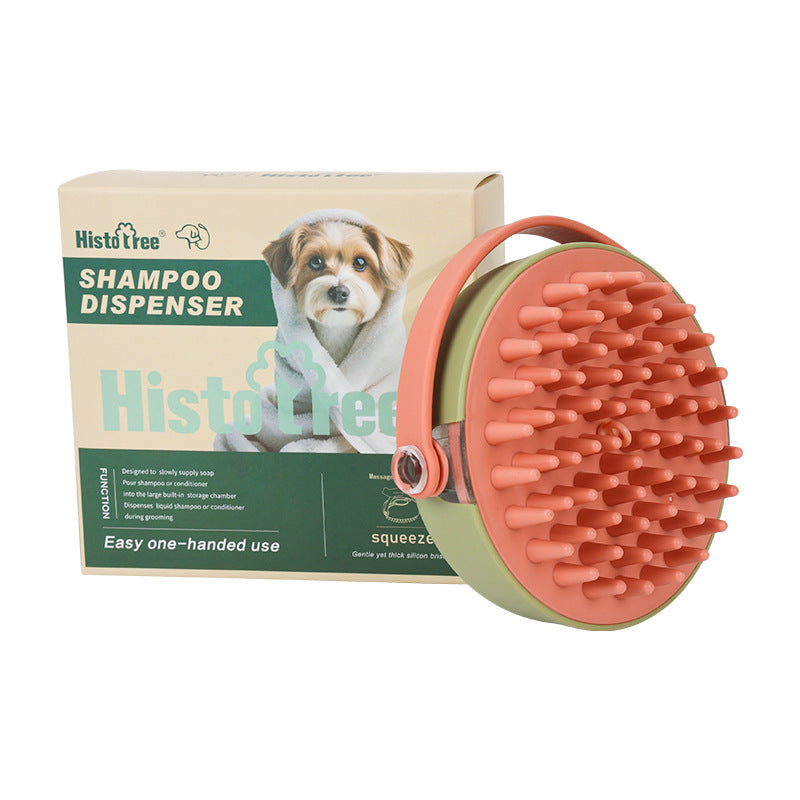 Green Coral pet bath brush with shampoo dispenser handle and thick silicone bristles