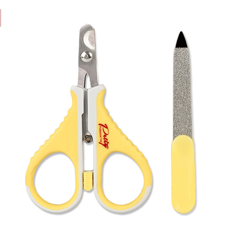 Yellow pet nail scissors and separate nail file shown side by side
