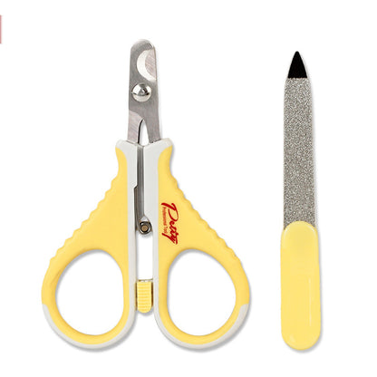Yellow pet nail scissors and separate nail file shown side by side