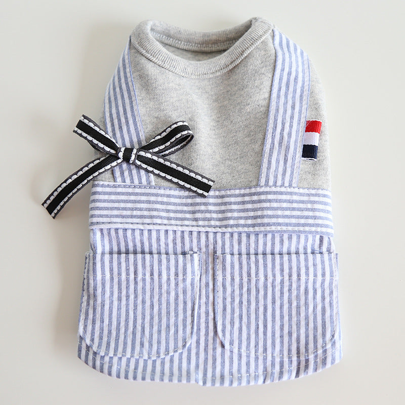 Gray and blue striped suspender pet shirt with bow and two back pockets
