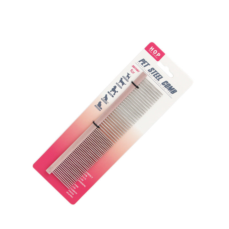 Large Pink dual-spacing metal grooming comb for pet coats