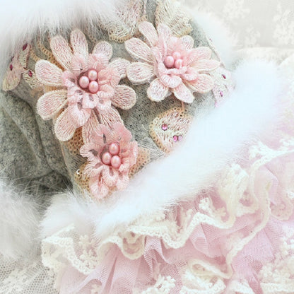 Elegant Floral Wool Dog Coat Dress with Faux Fur and Lace Tulle Skirt Pet Clothes