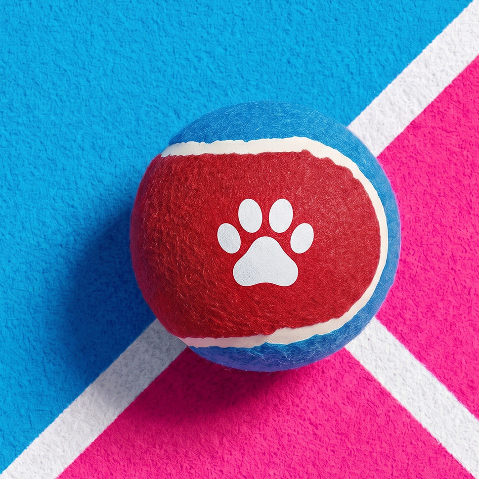 Red and blue paw print tennis ball from Nunbell pet toy set