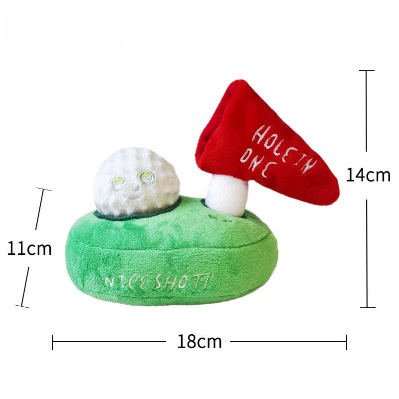 Green golf course plush dog toy with white ball red flag and dimensions