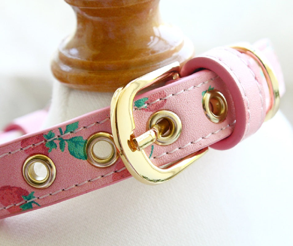 Handmade Strawberry Dog Collar Leash Sets Real Calfskin Customize