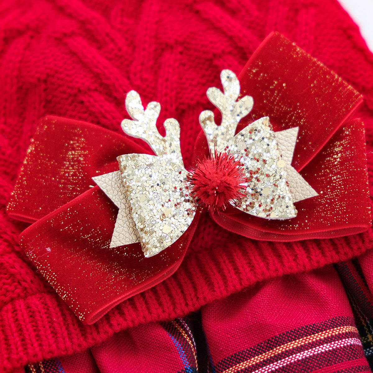 Christmas Sweater Knit Bow Dress for Dogs & Cats – Red Plaid