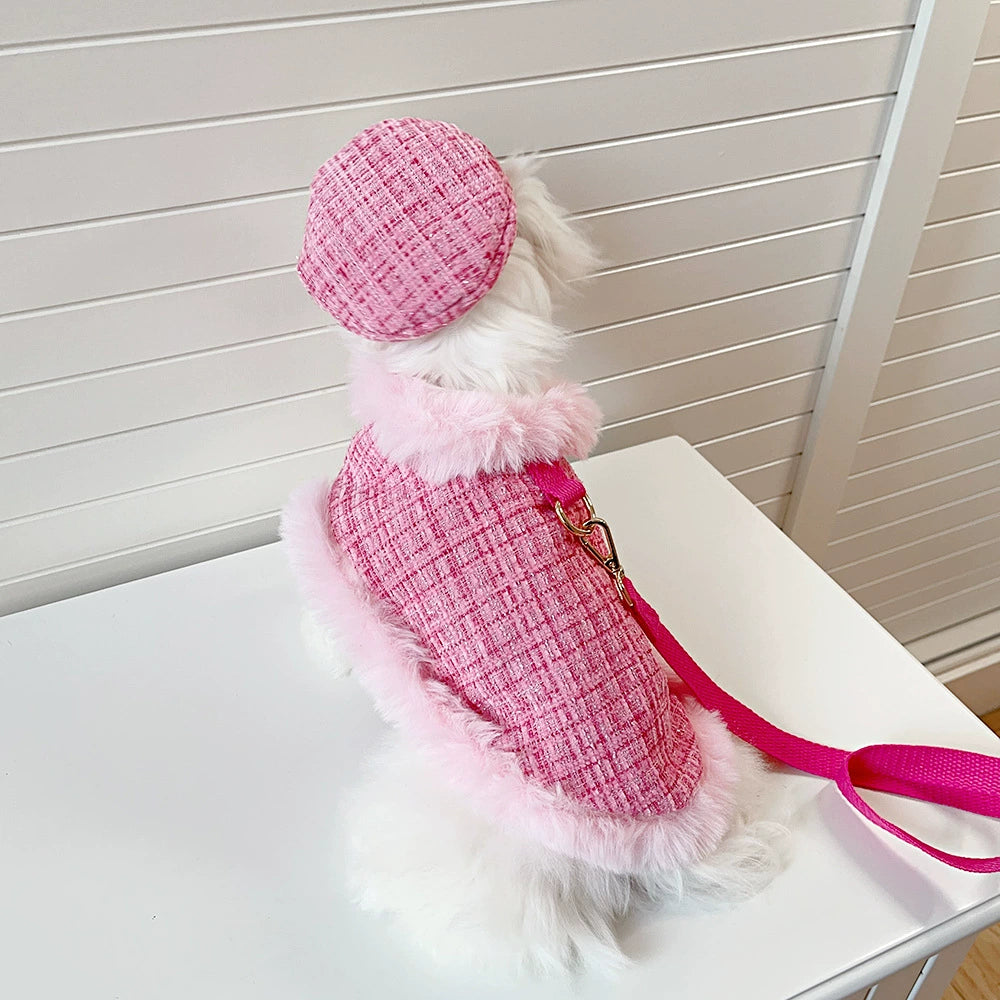 Dog cape+hat+leash sets pink tweed