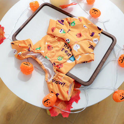 Inside view of orange stretch polyester Halloween pajamas for dogs and cats