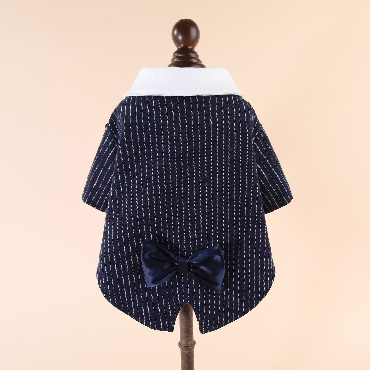 Navy Pinstripe Tuxedo (Layered-look) Dog Shirt with Bow Tie – Formal Pet Suit