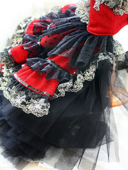 Victorian-Inspired Red and Black Lace Dog Trailing Dress Gothic Pet Gown Clinoline