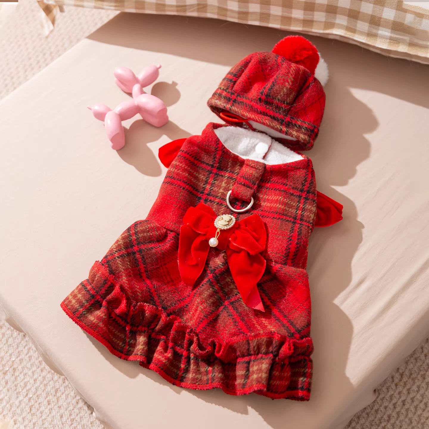 Dog Dress with Hat Warm Red Plaid