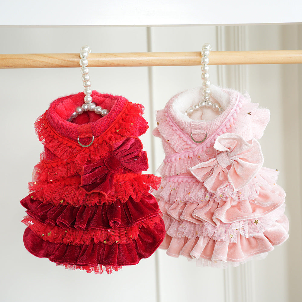 Pet Velvet Layered Tulle Dress with Bow