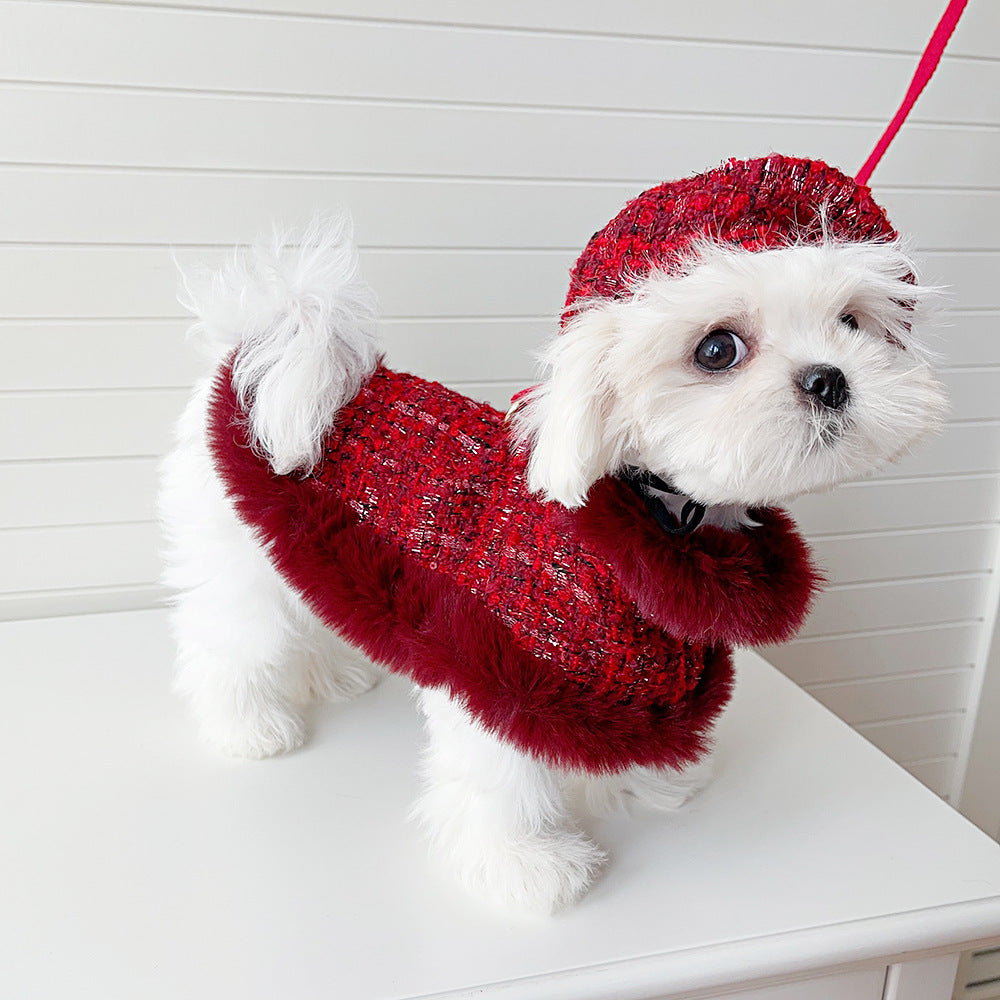 Dog cape+hat+leash sets wine tweed