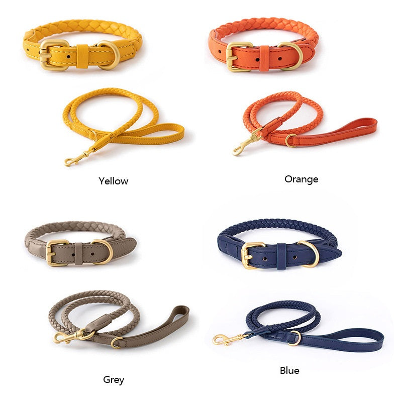 Luxury Braided Leather Dog Collar+Leash Set – Eco-Friendly, Durable, Stylish