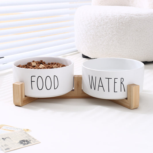 Ceramic Double Pet Bowl with Stand (White)